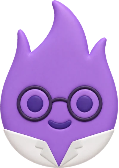 Spark, a purple flame wearing glasses and a lab coat